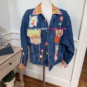 Crystal Handwovens Denim Jacket Blue Patchwork Floral Art to Wear Small Colombia